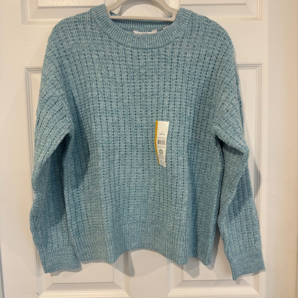 Time and Tru Womens Light Blue Waffle Knit Crew Neck Sweater Large 12-14 NEW